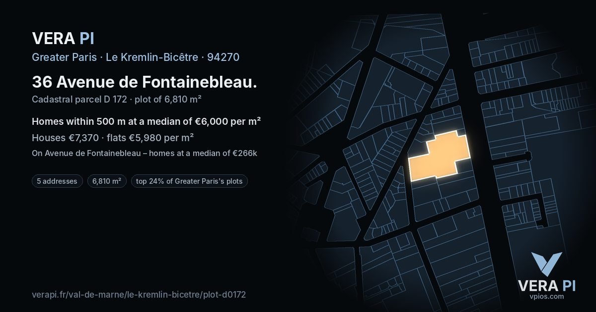 36 Avenue de Fontainebleau, Le Kremlin-Bicêtre at night – the plot lit, the parcels around coloured by the prices near them