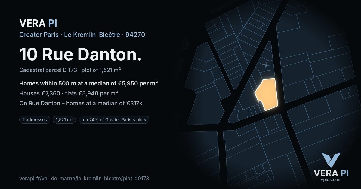 10 Rue Danton, Le Kremlin-Bicêtre at night – the plot lit, the parcels around coloured by the prices near them