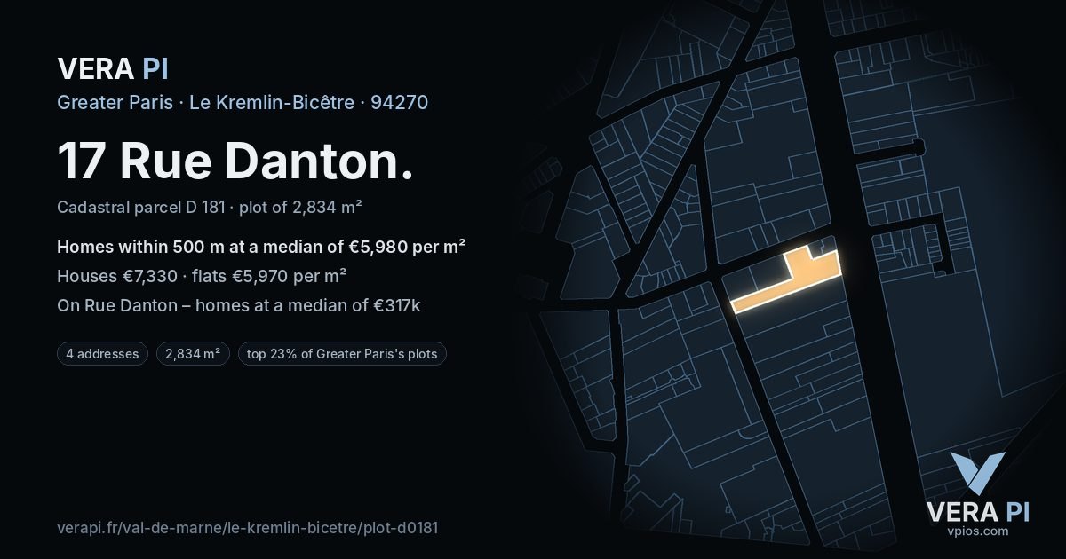 17 Rue Danton, Le Kremlin-Bicêtre at night – the plot lit, the parcels around coloured by the prices near them