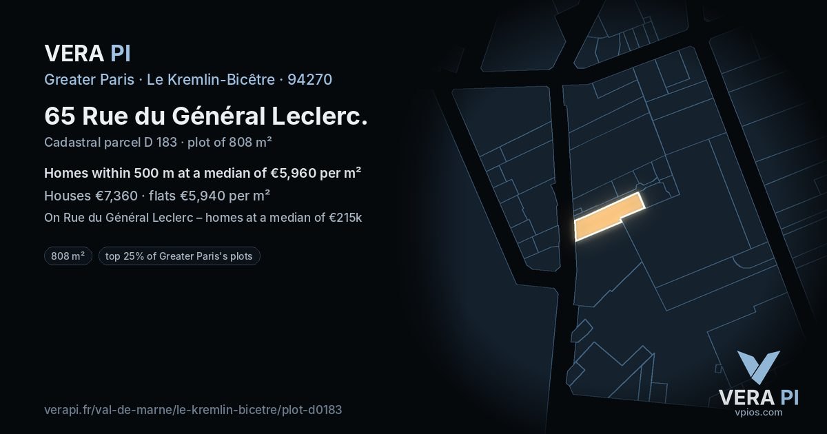 65 Rue du Général Leclerc, Le Kremlin-Bicêtre at night – the plot lit, the parcels around coloured by the prices near them