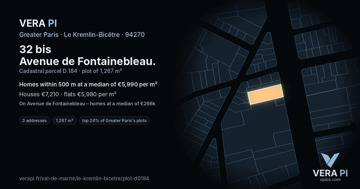 32 bis Avenue de Fontainebleau, Le Kremlin-Bicêtre at night – the plot lit, the parcels around coloured by the prices near them