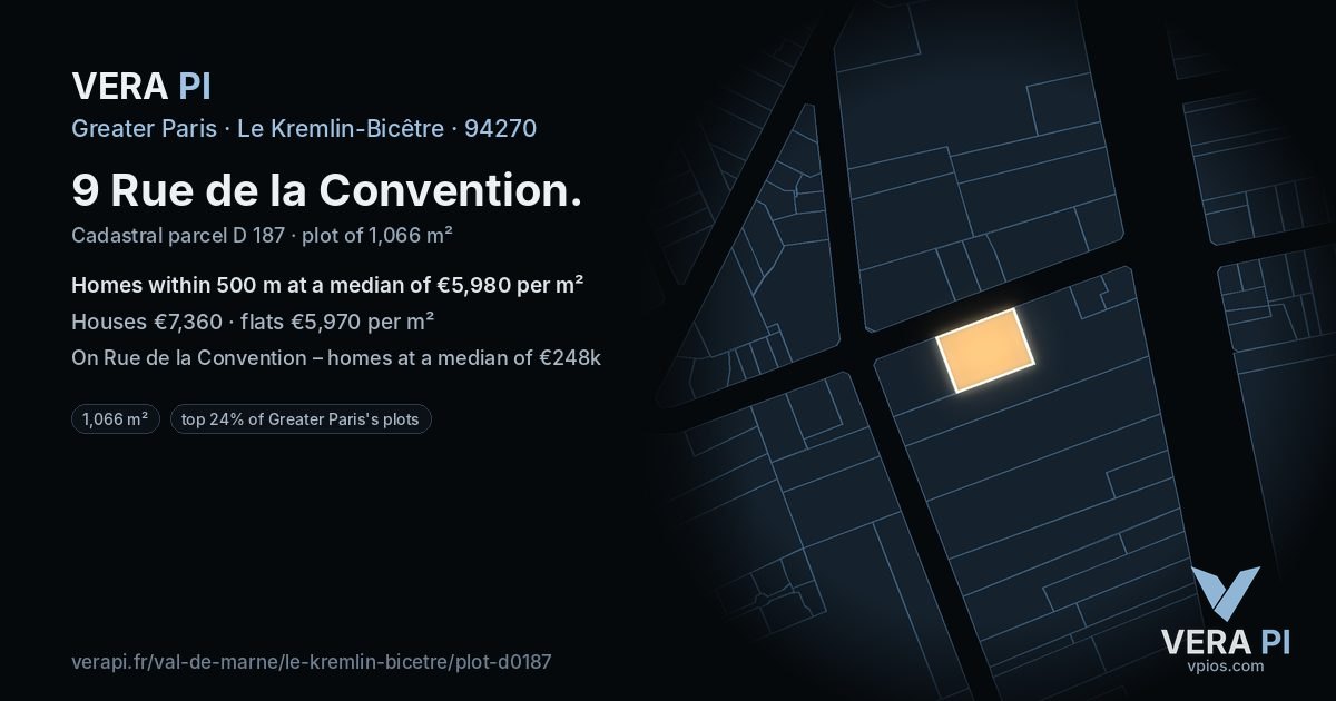 9 Rue de la Convention, Le Kremlin-Bicêtre at night – the plot lit, the parcels around coloured by the prices near them