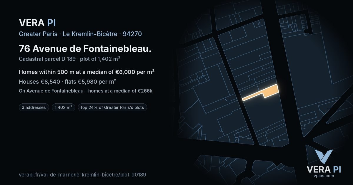 76 Avenue de Fontainebleau, Le Kremlin-Bicêtre at night – the plot lit, the parcels around coloured by the prices near them