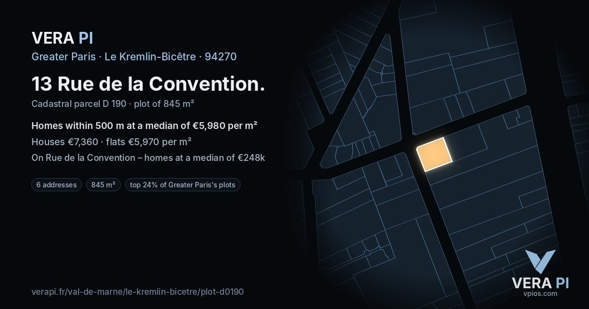 13 Rue de la Convention, Le Kremlin-Bicêtre at night – the plot lit, the parcels around coloured by the prices near them