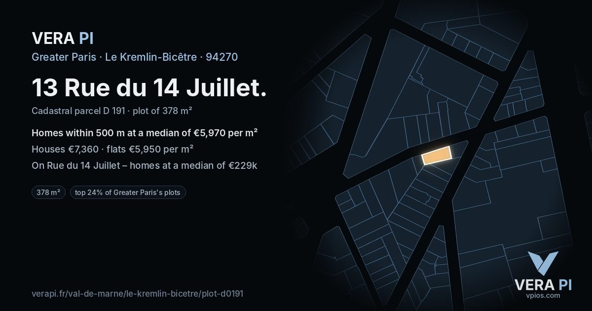 13 Rue du 14 Juillet, Le Kremlin-Bicêtre at night – the plot lit, the parcels around coloured by the prices near them