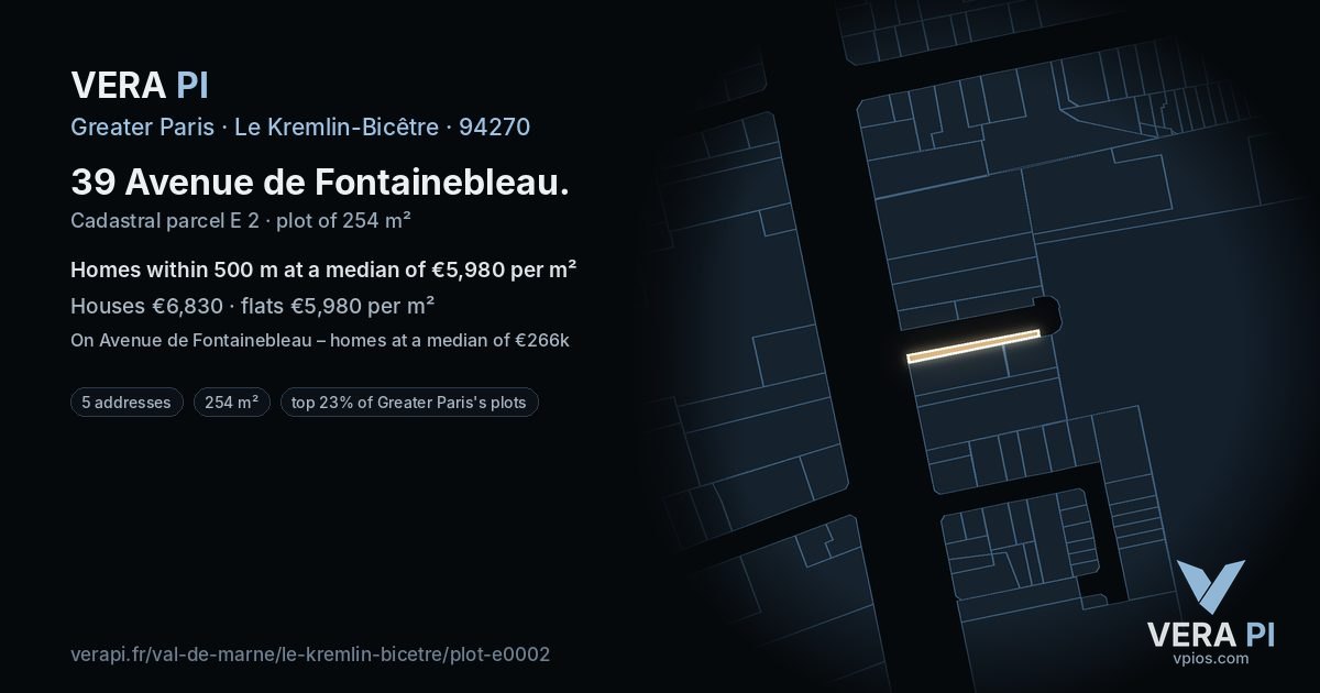39 Avenue de Fontainebleau, Le Kremlin-Bicêtre at night – the plot lit, the parcels around coloured by the prices near them