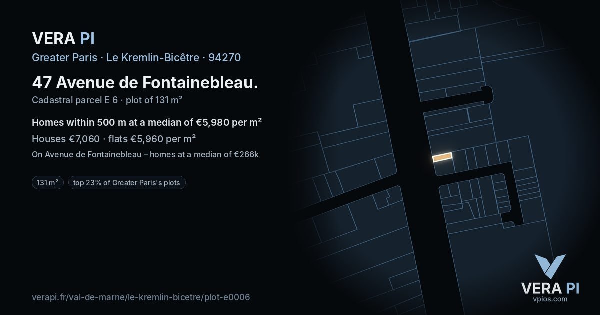 47 Avenue de Fontainebleau, Le Kremlin-Bicêtre at night – the plot lit, the parcels around coloured by the prices near them