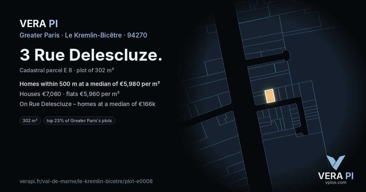 3 Rue Delescluze, Le Kremlin-Bicêtre at night – the plot lit, the parcels around coloured by the prices near them