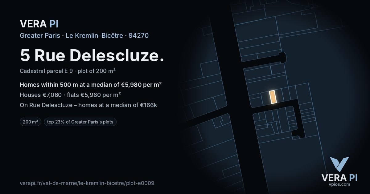 5 Rue Delescluze, Le Kremlin-Bicêtre at night – the plot lit, the parcels around coloured by the prices near them