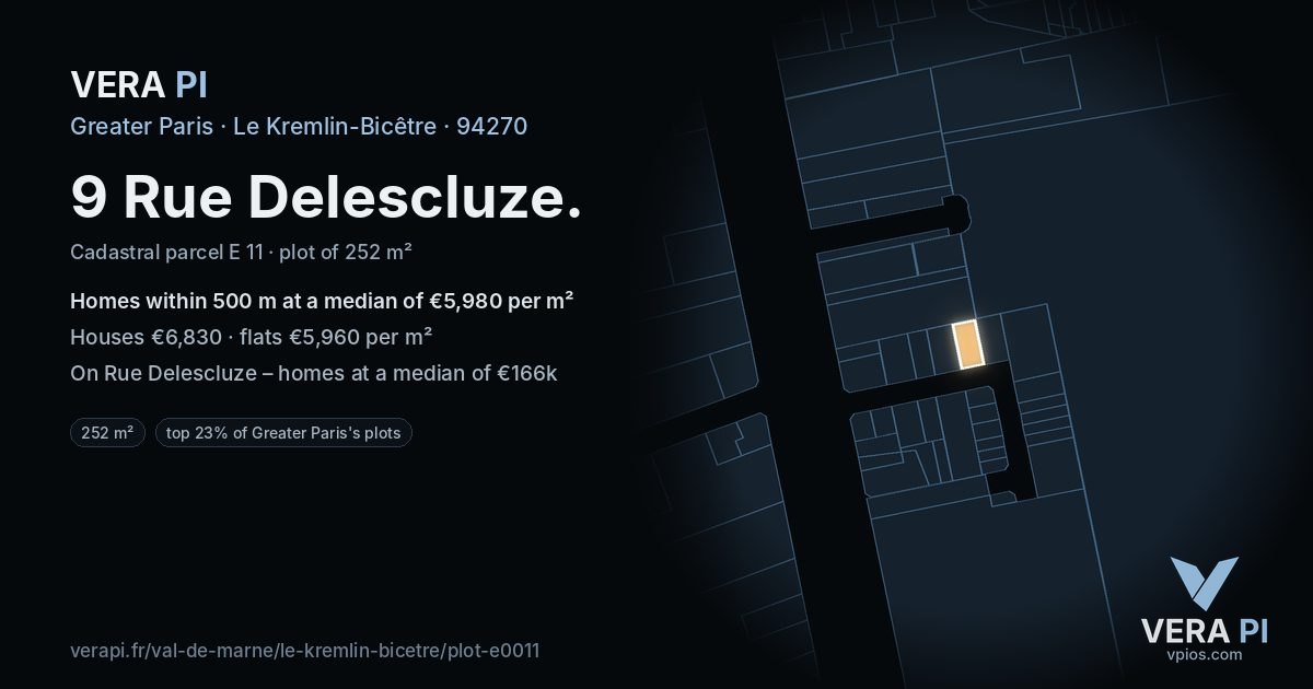 9 Rue Delescluze, Le Kremlin-Bicêtre at night – the plot lit, the parcels around coloured by the prices near them