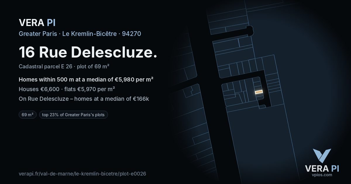 16 Rue Delescluze, Le Kremlin-Bicêtre at night – the plot lit, the parcels around coloured by the prices near them