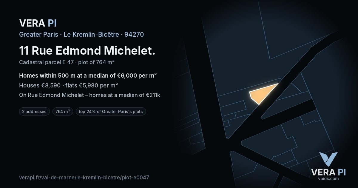 11 Rue Edmond Michelet, Le Kremlin-Bicêtre at night – the plot lit, the parcels around coloured by the prices near them