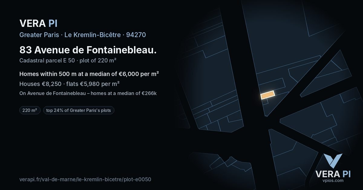 83 Avenue de Fontainebleau, Le Kremlin-Bicêtre at night – the plot lit, the parcels around coloured by the prices near them