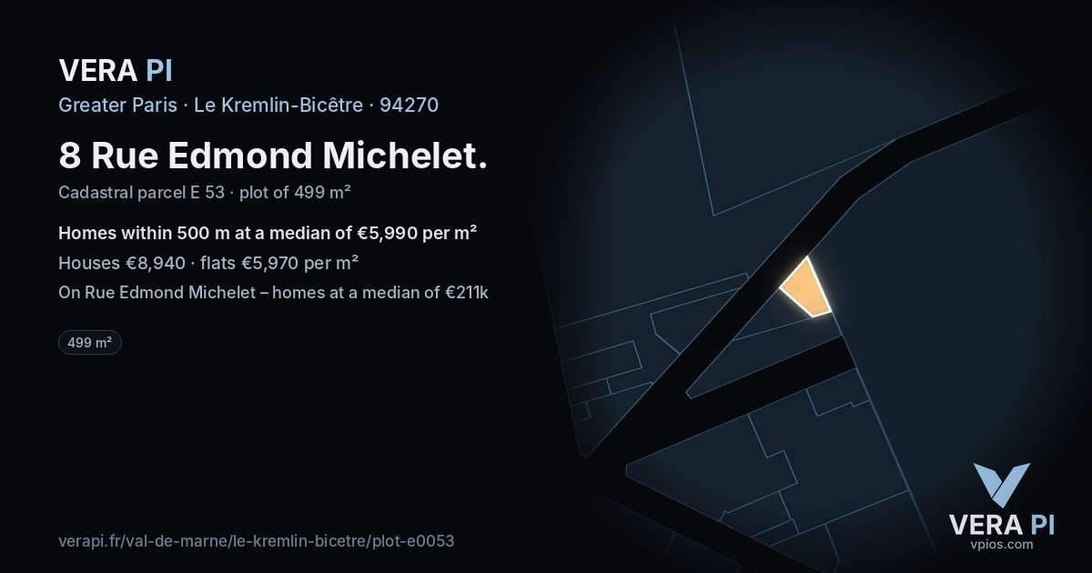 8 Rue Edmond Michelet, Le Kremlin-Bicêtre at night – the plot lit, the parcels around coloured by the prices near them
