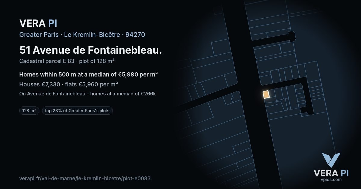 51 Avenue de Fontainebleau, Le Kremlin-Bicêtre at night – the plot lit, the parcels around coloured by the prices near them