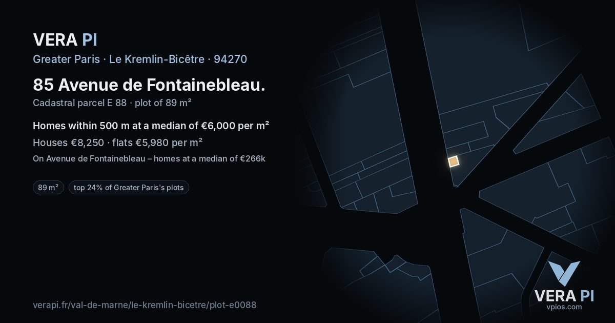 85 Avenue de Fontainebleau, Le Kremlin-Bicêtre at night – the plot lit, the parcels around coloured by the prices near them