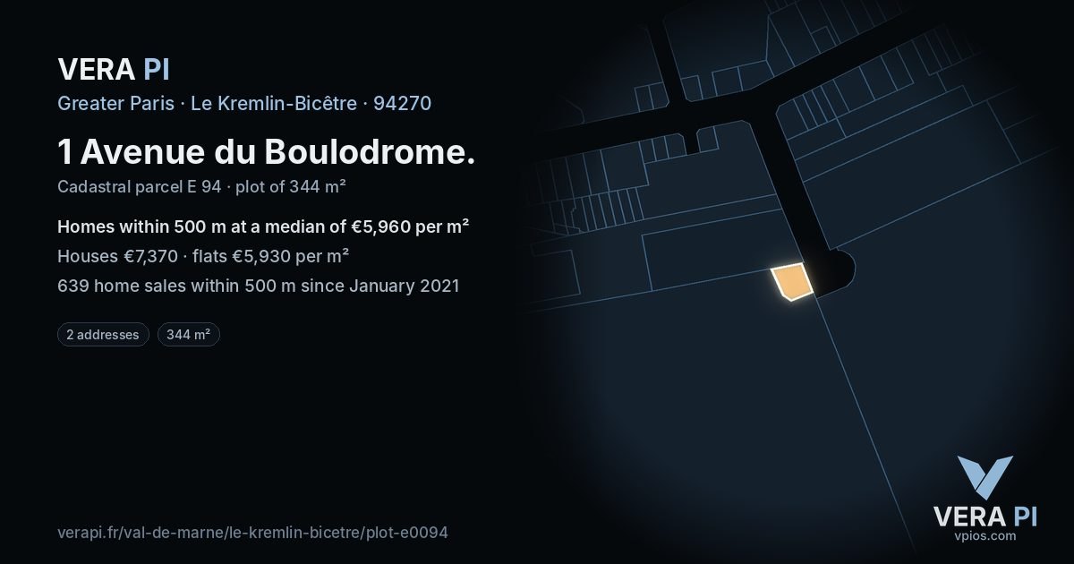 1 Avenue du Boulodrome, Le Kremlin-Bicêtre at night – the plot lit, the parcels around coloured by the prices near them