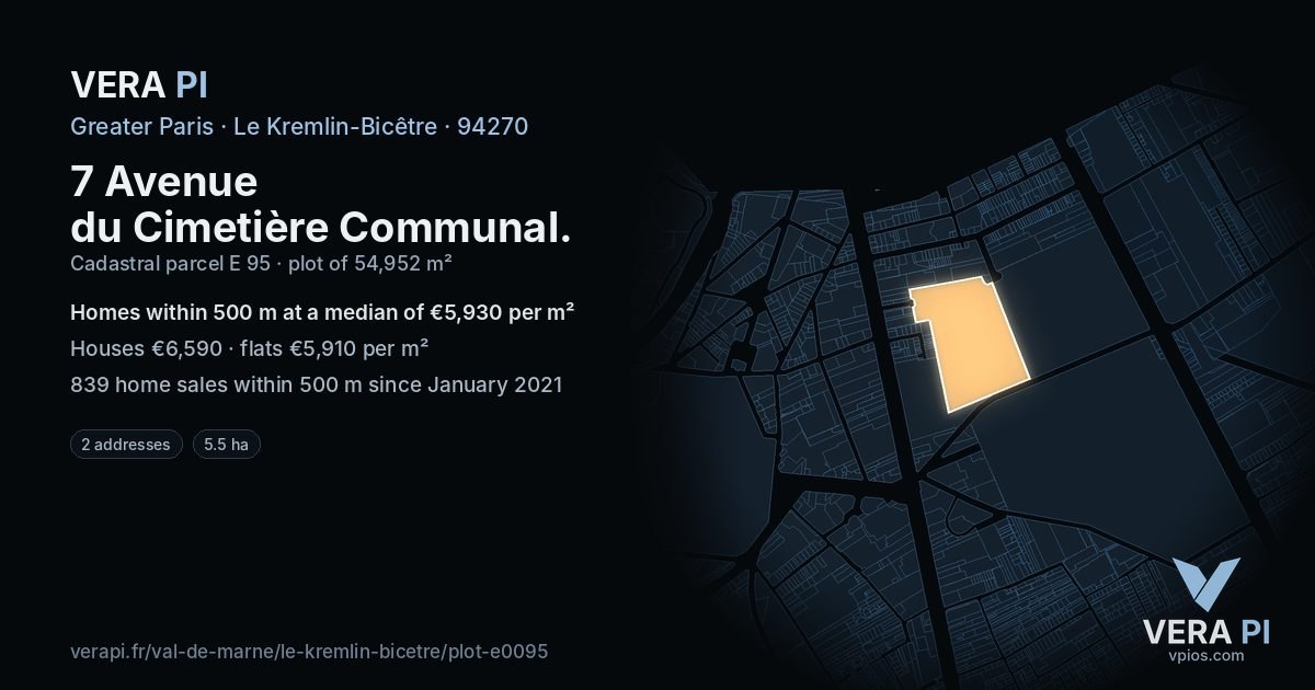 7 Avenue du Cimetière Communal, Le Kremlin-Bicêtre at night – the plot lit, the parcels around coloured by the prices near them