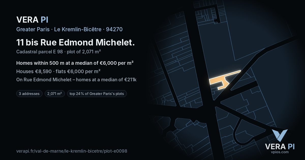 11 bis Rue Edmond Michelet, Le Kremlin-Bicêtre at night – the plot lit, the parcels around coloured by the prices near them