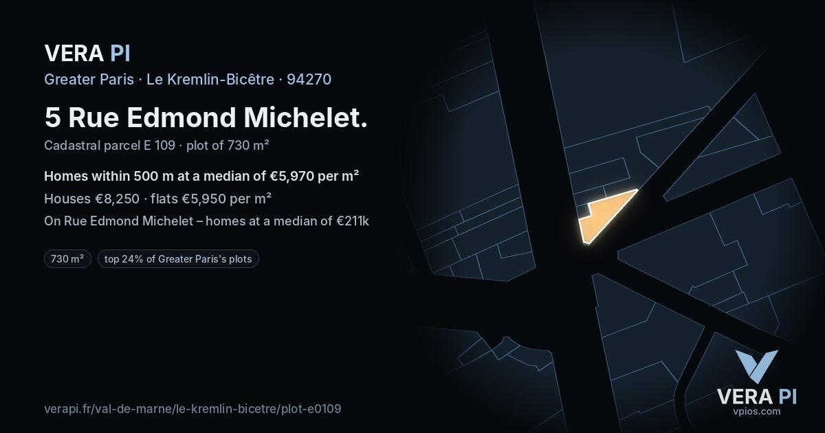 5 Rue Edmond Michelet, Le Kremlin-Bicêtre at night – the plot lit, the parcels around coloured by the prices near them