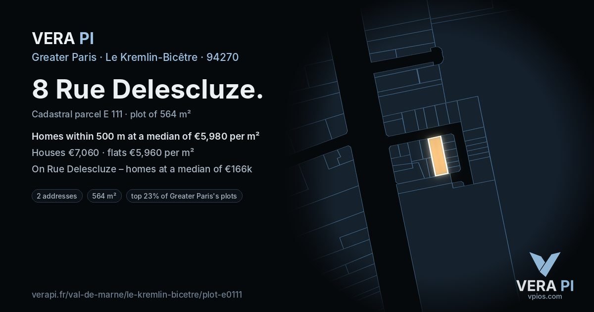 8 Rue Delescluze, Le Kremlin-Bicêtre at night – the plot lit, the parcels around coloured by the prices near them