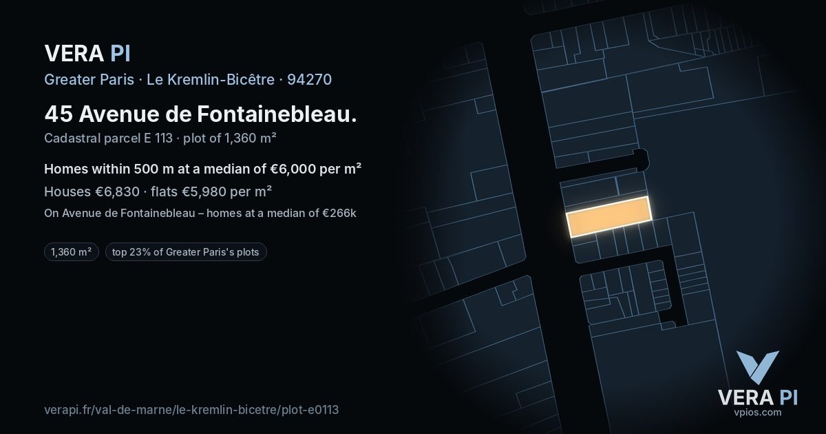 45 Avenue de Fontainebleau, Le Kremlin-Bicêtre at night – the plot lit, the parcels around coloured by the prices near them