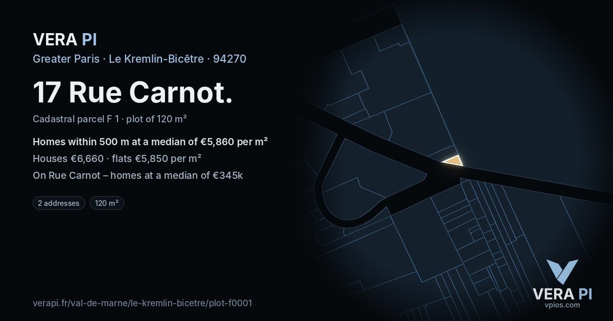 17 Rue Carnot, Le Kremlin-Bicêtre at night – the plot lit, the parcels around coloured by the prices near them