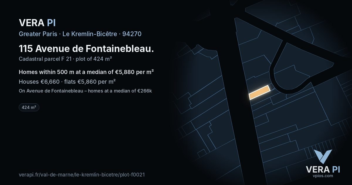 115 Avenue de Fontainebleau, Le Kremlin-Bicêtre at night – the plot lit, the parcels around coloured by the prices near them