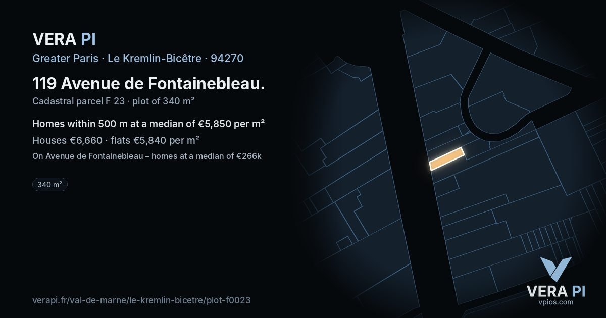 119 Avenue de Fontainebleau, Le Kremlin-Bicêtre at night – the plot lit, the parcels around coloured by the prices near them