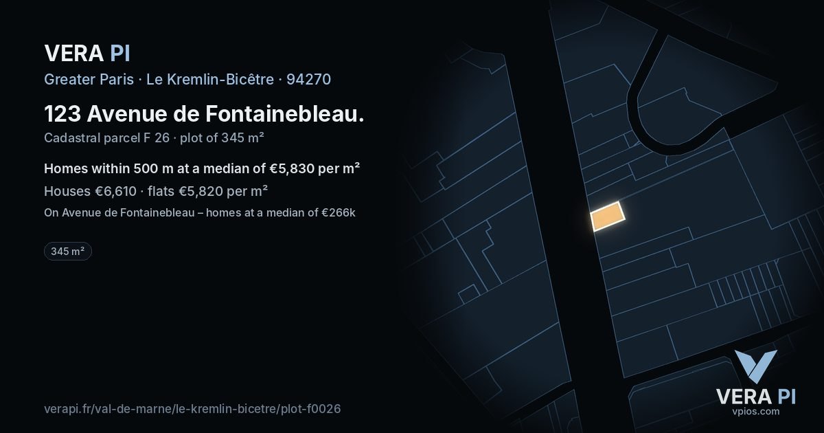 123 Avenue de Fontainebleau, Le Kremlin-Bicêtre at night – the plot lit, the parcels around coloured by the prices near them