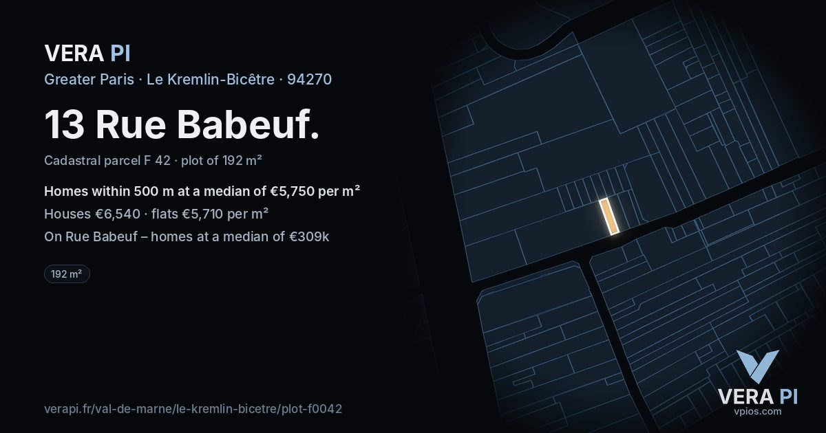 13 Rue Babeuf, Le Kremlin-Bicêtre at night – the plot lit, the parcels around coloured by the prices near them