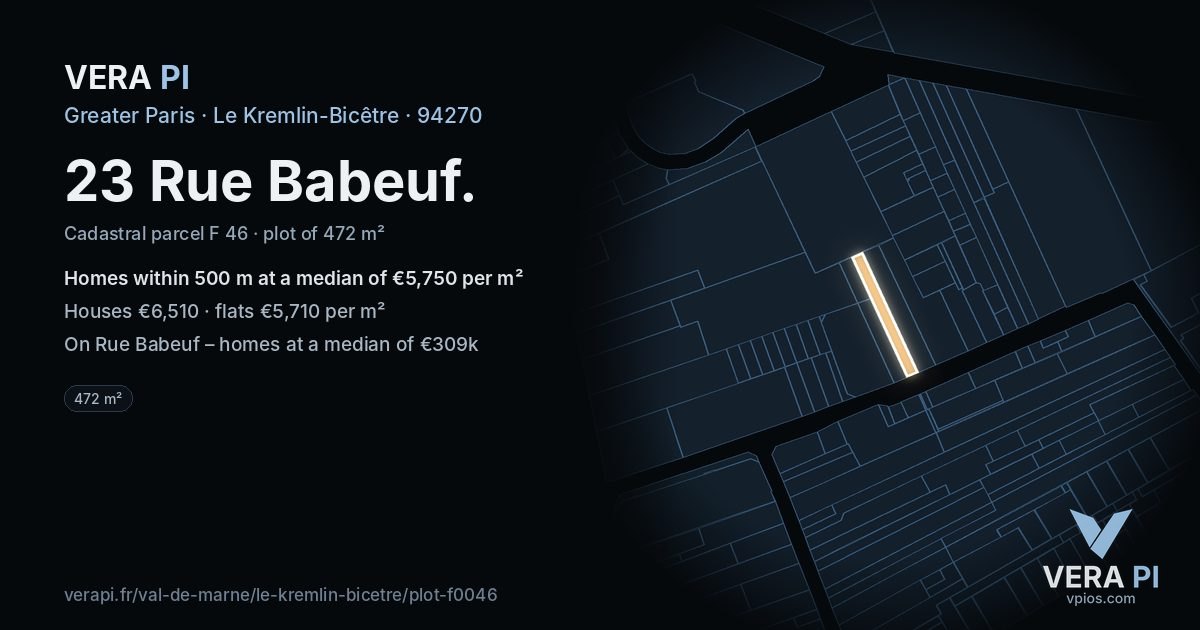 23 Rue Babeuf, Le Kremlin-Bicêtre at night – the plot lit, the parcels around coloured by the prices near them