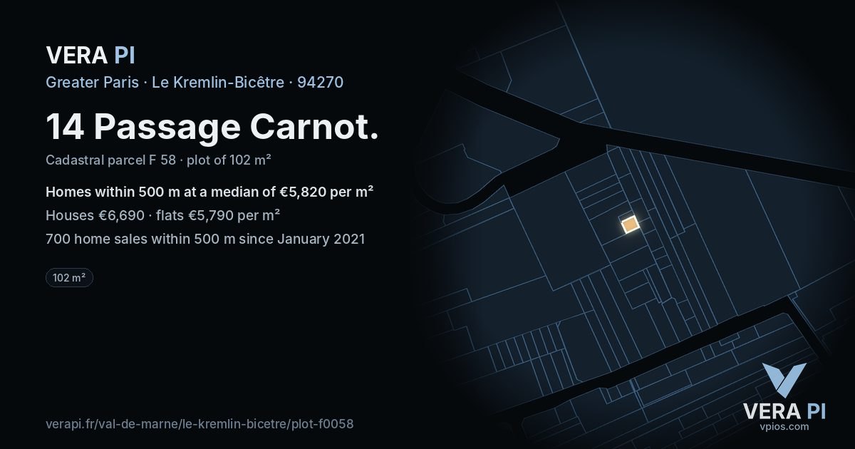 14 Passage Carnot, Le Kremlin-Bicêtre at night – the plot lit, the parcels around coloured by the prices near them
