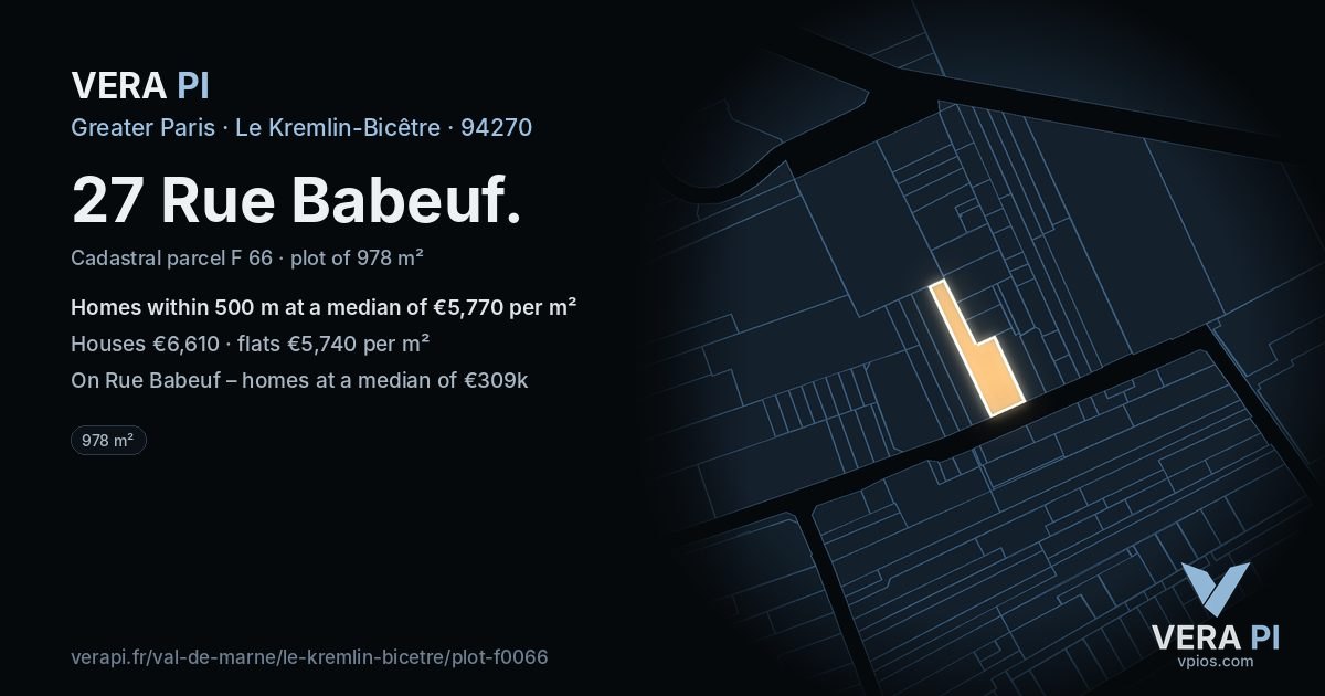 27 Rue Babeuf, Le Kremlin-Bicêtre at night – the plot lit, the parcels around coloured by the prices near them