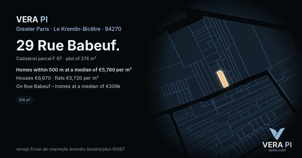 29 Rue Babeuf, Le Kremlin-Bicêtre at night – the plot lit, the parcels around coloured by the prices near them