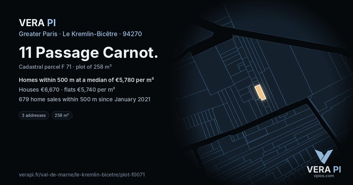 11 Passage Carnot, Le Kremlin-Bicêtre at night – the plot lit, the parcels around coloured by the prices near them