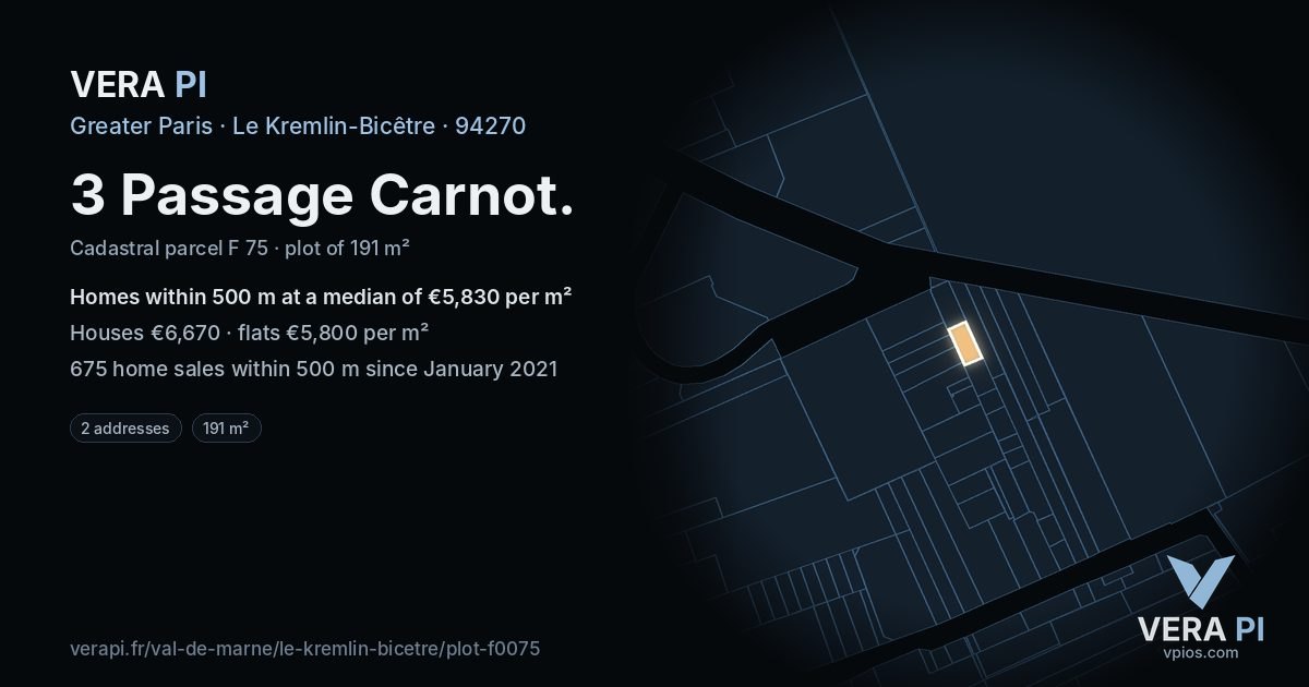 3 Passage Carnot, Le Kremlin-Bicêtre at night – the plot lit, the parcels around coloured by the prices near them