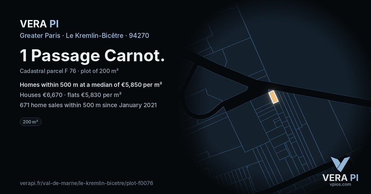 1 Passage Carnot, Le Kremlin-Bicêtre at night – the plot lit, the parcels around coloured by the prices near them
