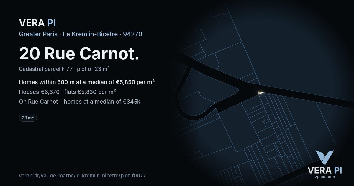 20 Rue Carnot, Le Kremlin-Bicêtre at night – the plot lit, the parcels around coloured by the prices near them