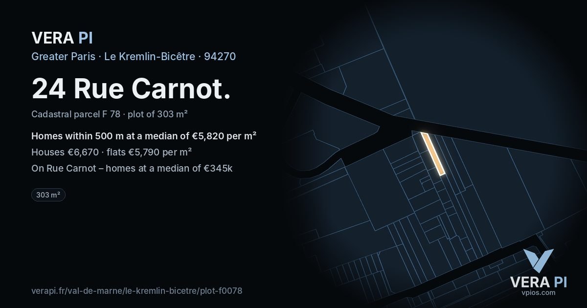 24 Rue Carnot, Le Kremlin-Bicêtre at night – the plot lit, the parcels around coloured by the prices near them