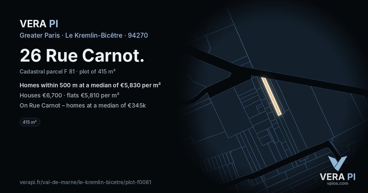 26 Rue Carnot, Le Kremlin-Bicêtre at night – the plot lit, the parcels around coloured by the prices near them
