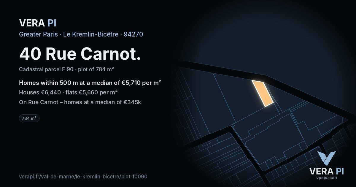 40 Rue Carnot, Le Kremlin-Bicêtre at night – the plot lit, the parcels around coloured by the prices near them