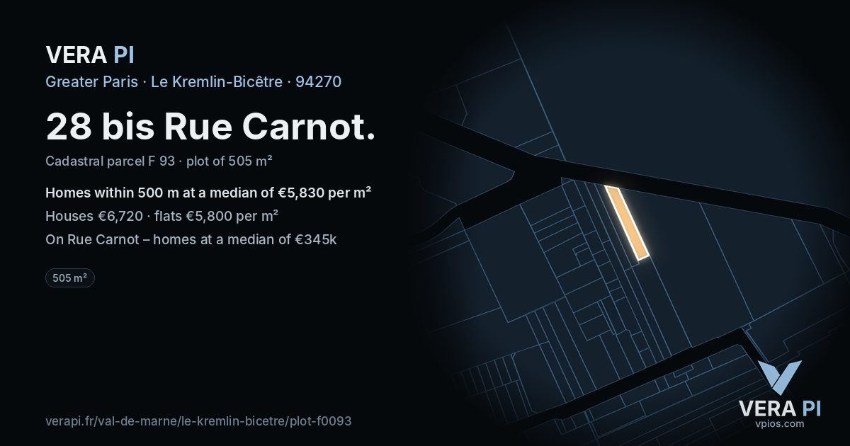 28 bis Rue Carnot, Le Kremlin-Bicêtre at night – the plot lit, the parcels around coloured by the prices near them