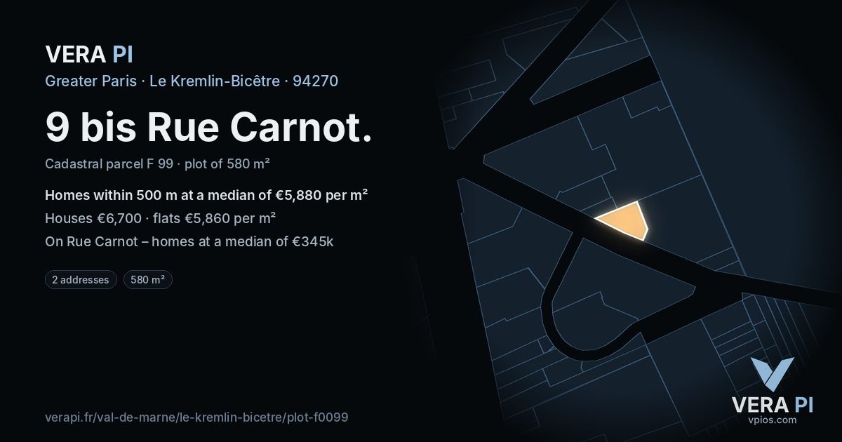 9 bis Rue Carnot, Le Kremlin-Bicêtre at night – the plot lit, the parcels around coloured by the prices near them