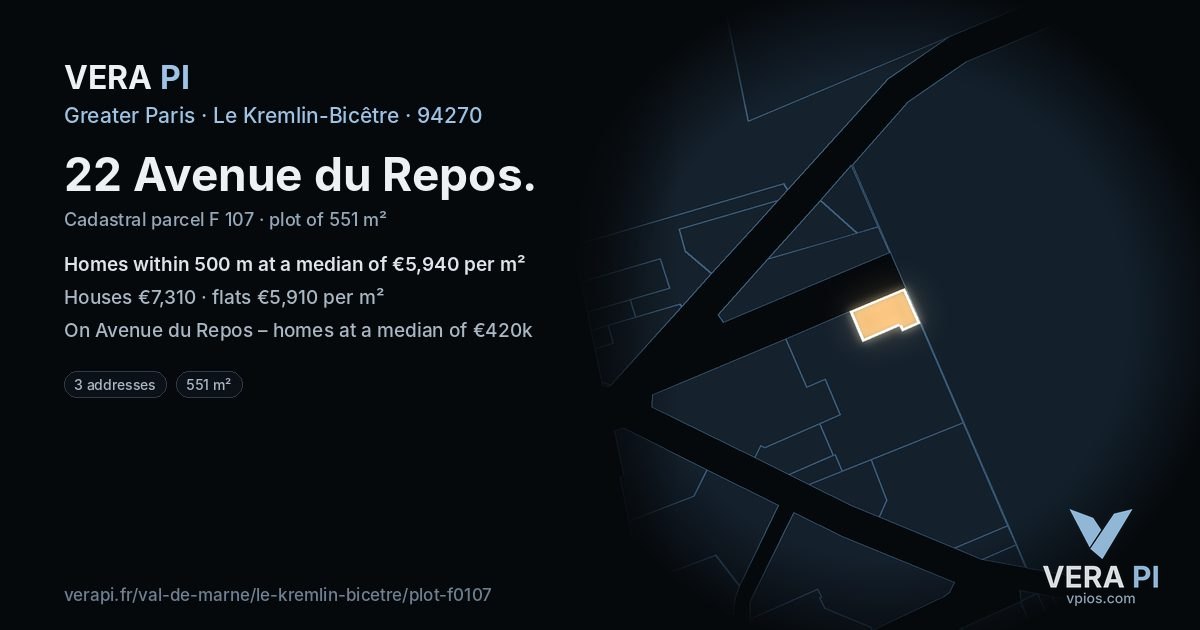 22 Avenue du Repos, Le Kremlin-Bicêtre at night – the plot lit, the parcels around coloured by the prices near them