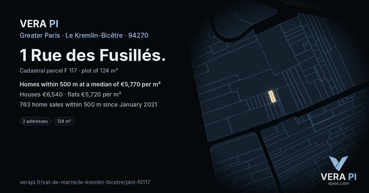 1 Rue des Fusillés, Le Kremlin-Bicêtre at night – the plot lit, the parcels around coloured by the prices near them