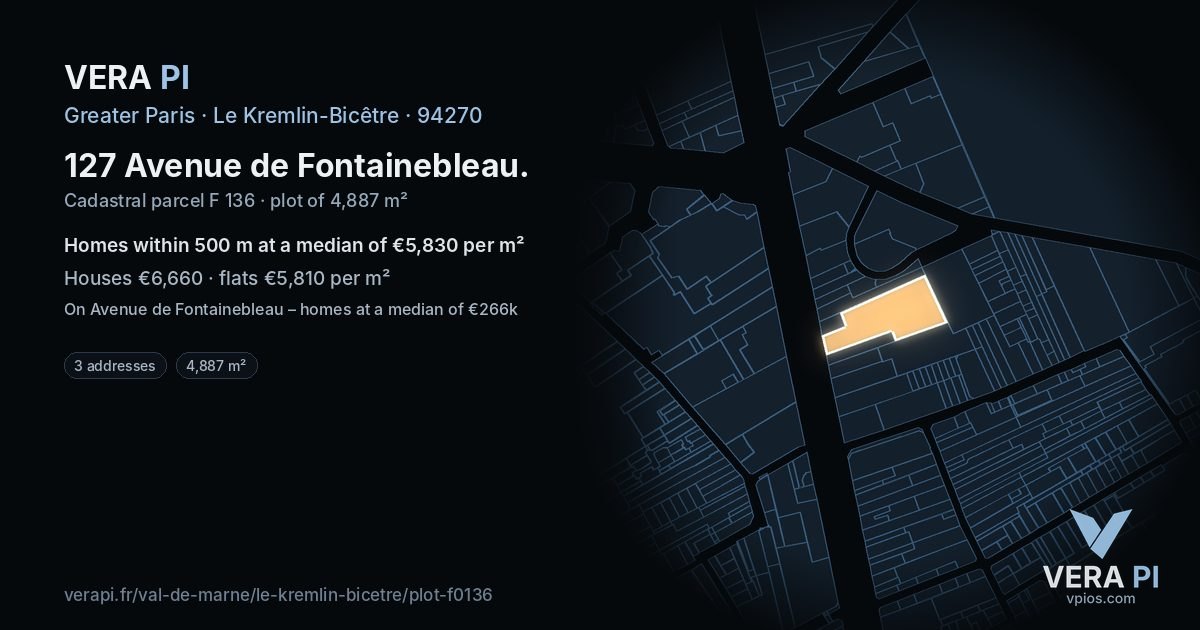 127 Avenue de Fontainebleau, Le Kremlin-Bicêtre at night – the plot lit, the parcels around coloured by the prices near them
