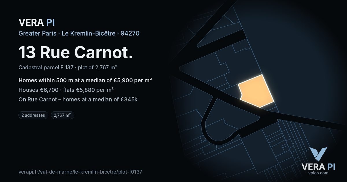 13 Rue Carnot, Le Kremlin-Bicêtre at night – the plot lit, the parcels around coloured by the prices near them
