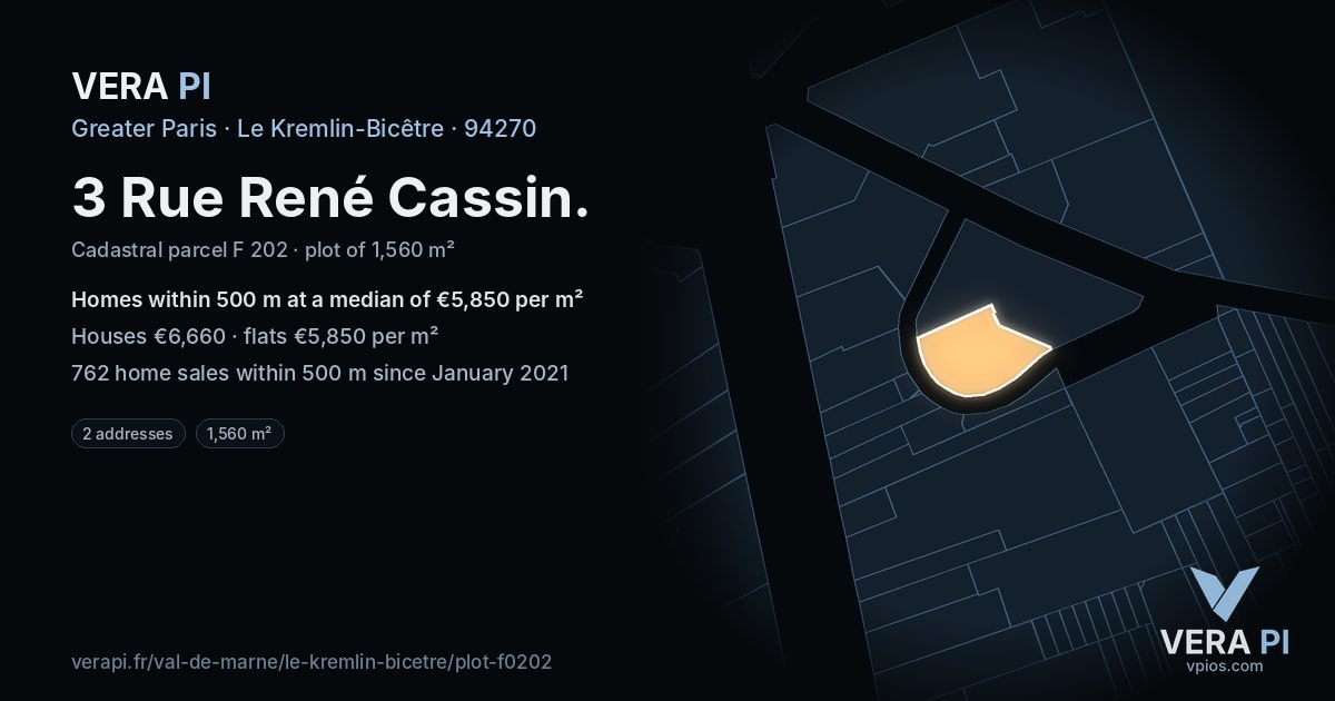 3 Rue René Cassin, Le Kremlin-Bicêtre at night – the plot lit, the parcels around coloured by the prices near them