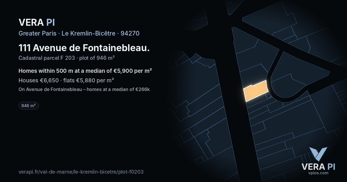 111 Avenue de Fontainebleau, Le Kremlin-Bicêtre at night – the plot lit, the parcels around coloured by the prices near them